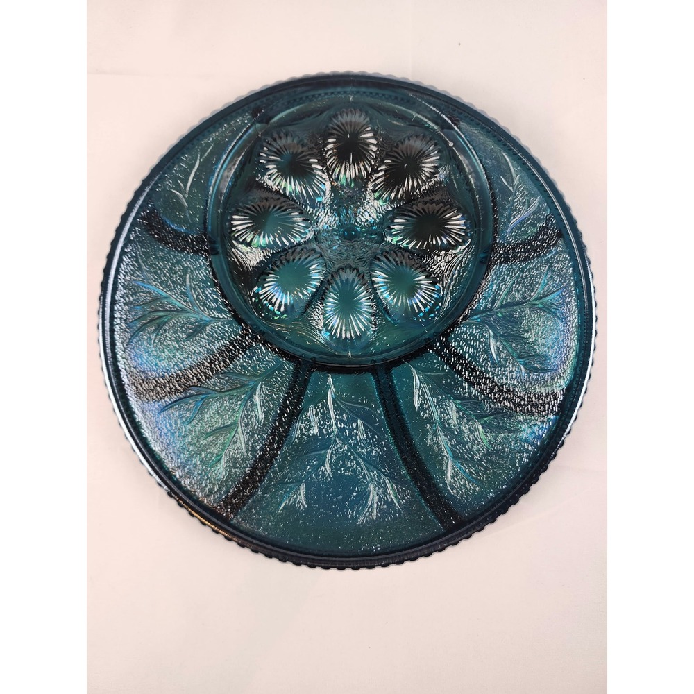 In Box Indiana Glass Carnival Deviled Eggs Hors D'Oeuvre Tray Blue Iridescent - Picture 5 of 7